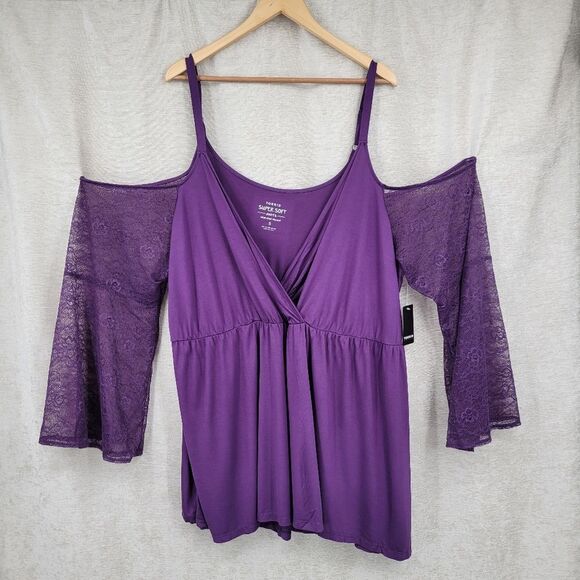 Torrid Babydoll Super Soft Surplice Cold Shoulder Lace Bell Sleeve Top NEW - Picture 7 of 13